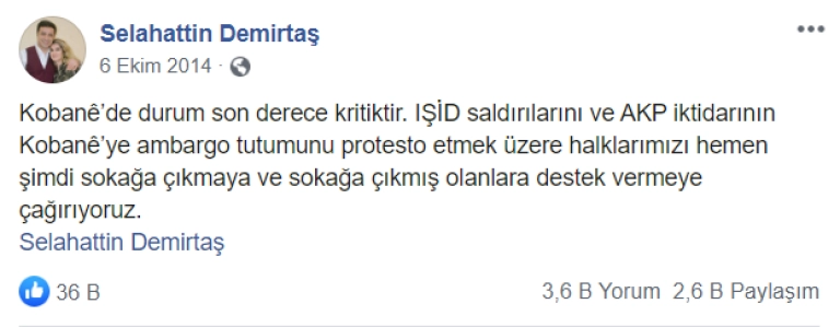Görsel 2. Selahattin Demirtaş’ın Sosyal Medya Hesabından Yaptığı Paylaşım