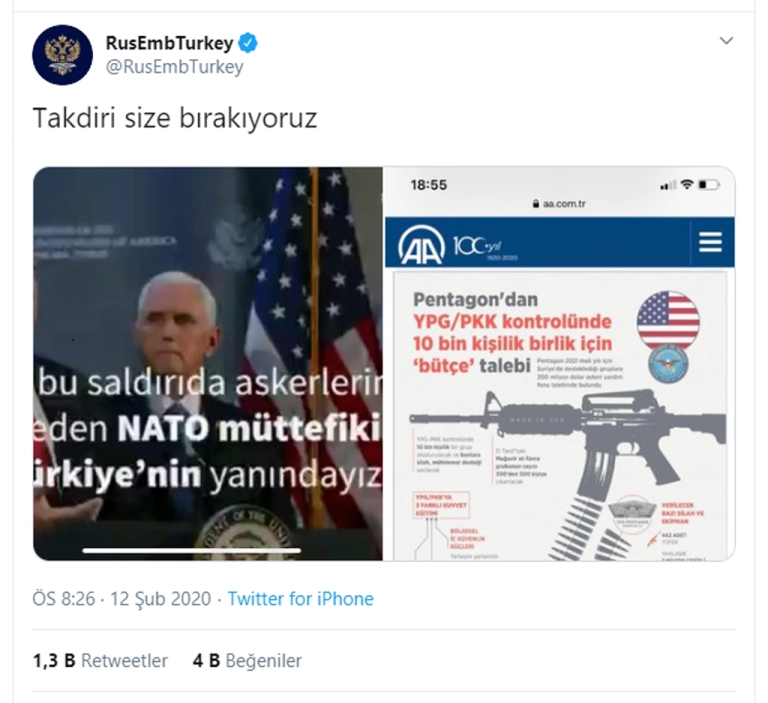 Rus Büyükelçiliği'nin Türkiye tweeti: https://twitter.com/RusEmbTurkey/status/1227645097879179264