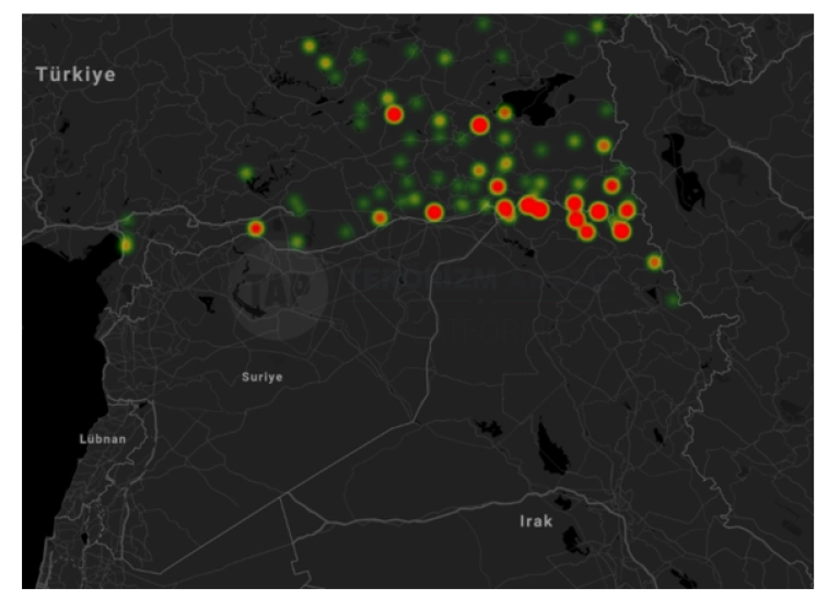 Harita 1. TSK’nın Irak Kuzeyinde Hava Harekatları Isı Haritası (Ocak-Haziran 2020) 